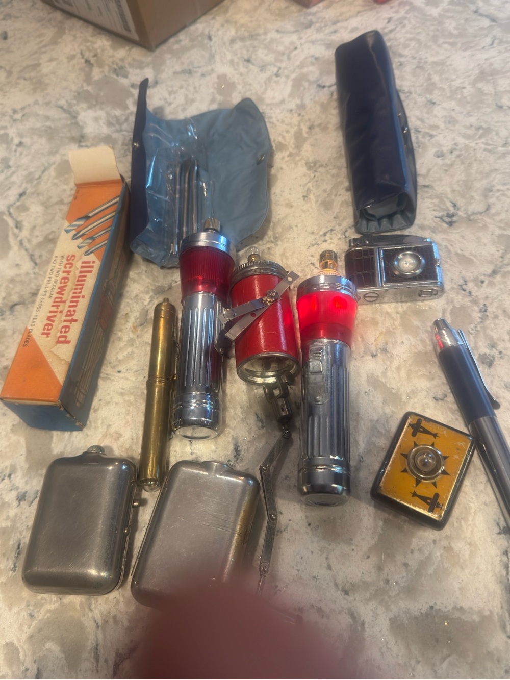 Vintage Flashlight Lot with Red & Silver Metal Torches
